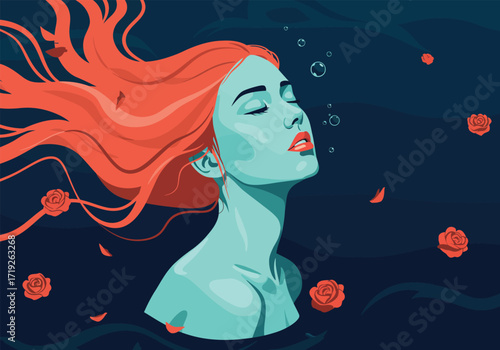 A captivating illustration of a woman with red hair submerged in water, surrounded by red roses and petals, creating a serene and dreamlike atmosphere in the deep blue water