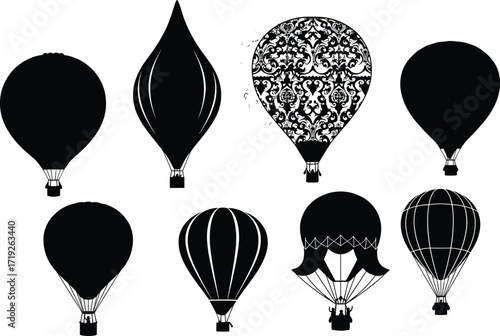 Hot air balloon silhouette set, black and white vector icons, vintage flight design, aerial transport illustration, isolated travel concept art