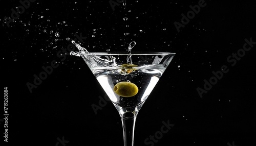 A refreshing olive martini cocktail splashes dramatically into a clear glass against a stark black background, showcasing the vibrant motion and elegant allure of the spirits