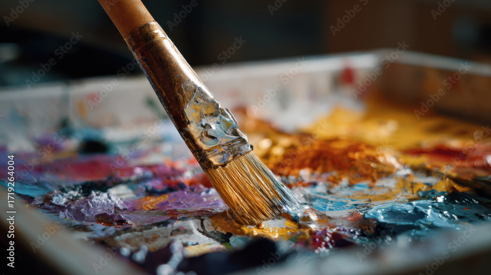 Fototapeta premium Paintbrush picking up yellow oil paint from artist palette