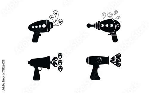 Four black and white ray guns shooting out various emotions and ghost like figures on white background
