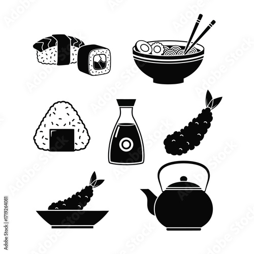 Japanese Food Icons: Sushi, Ramen, Onigiri, Tempura, Soy Sauce, Teapot cuisine asian vector