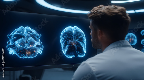 A scientist observes glowing brain scans on a high-tech display in a futuristic laboratory setting.
