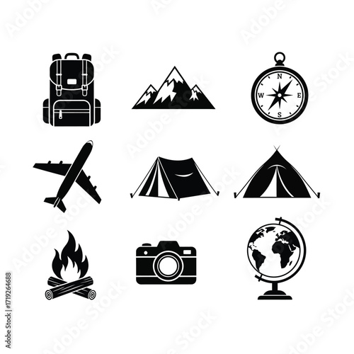 Travel icons: backpack, mountains, compass, airplane, tent, campfire, camera, globe adventure journey exploration navigation flight