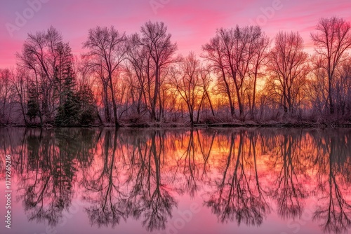 Sunrise over a still river, trees reflected