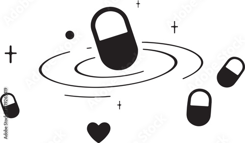 Black and white graphic illustration of pills floating with stars and a heart capsule medicine