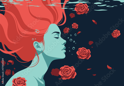 A serene illustration of a woman with flowing red hair, surrounded by delicate pink roses against a dark blue backdrop, evoking a sense of peace and tranquility in a dreamlike setting