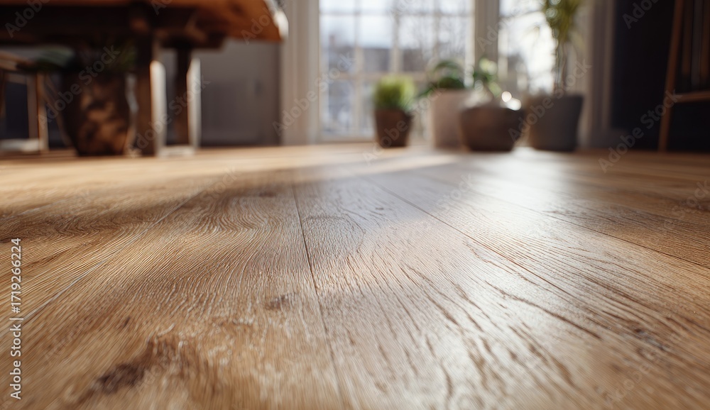Fototapeta premium Close-up of light-brown wooden floor, sunlight
