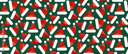 Seamless Christmas pattern with red Santa hats on a green background, geometric style. Festive wallpaper for New Year's and the holiday season.
