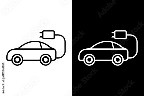 Electric Car Charging Icon on Black and White Background.