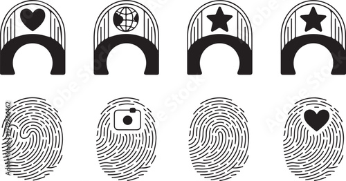 Collection of black and white graphic icons featuring arches with symbols and fingerprint motifs heart