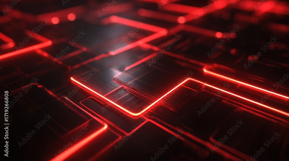 Abstract digital composition featuring glowing red outlines on dark cards, suggesting a futuristic technology theme with a focus on depth and perspective 