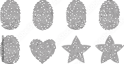 Collection of black fingerprint patterns in various shapes including a heart and stars on a white background