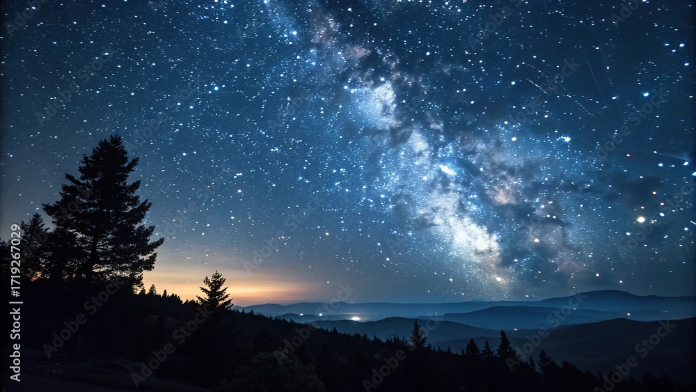 Naklejka premium Stunning night sky filled with stars over a peaceful mountain landscape during twilight hours
