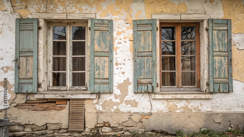 Obraz premium Weathered shutters with peeling paint reveal forgotten charm of an old building facade