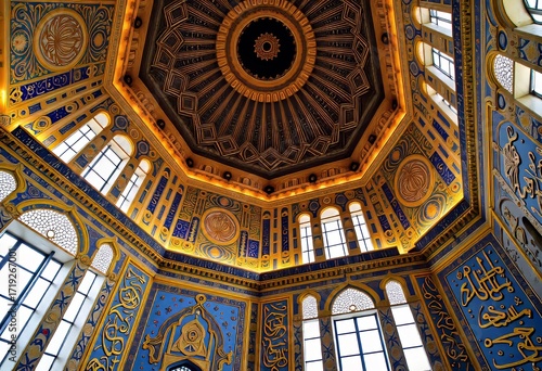 Majestic Interior of a Dome with Elaborate Islamic Art Featuring Geometric Patterns and Arabic Calligraphy in Rich Blues and Golds