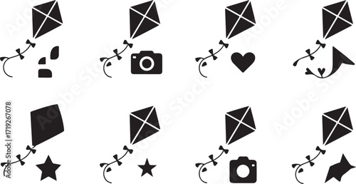 Collection of black kite icons with decorative tails and various objects black and white silhouette