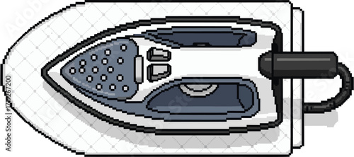 Overhead view of a modern electric iron resting on an ironing board.
