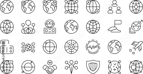 Collection of black outline icons representing global connectivity technology and communication globe