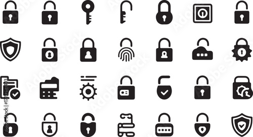 Collection of black security icons including locks keys shield fingerprint and file icons on white background