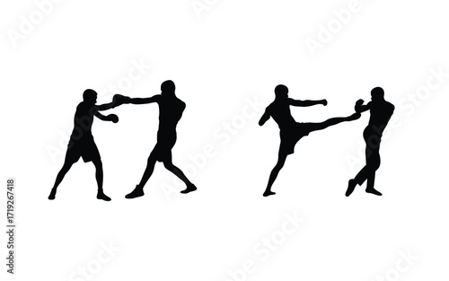 Two silhouetted scenes showing martial arts combat with punches and kicks on a white background