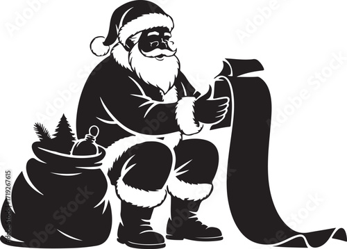 Black and white silhouette of Santa Claus sitting with a gift sack and a long scroll Christmas holiday