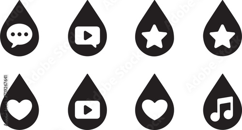 Collection of eight black water drop icons with white symbols inside vector