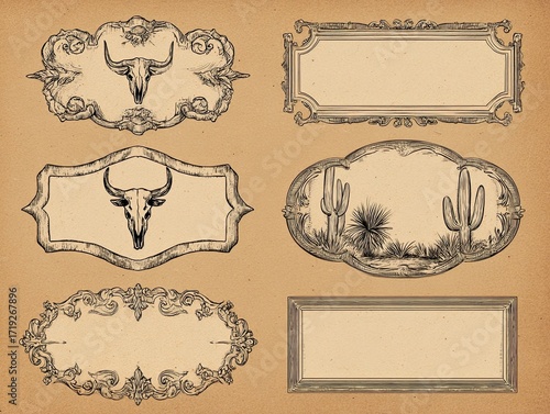 Six ornate frames, two featuring a longhorn skull and two depicting desert cacti,  set against a textured tan background