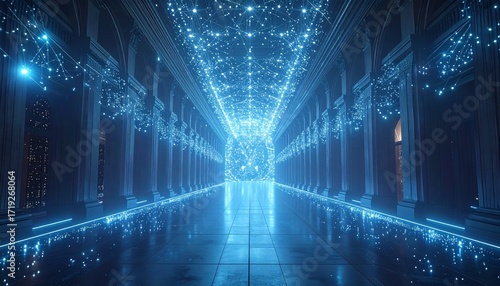 Arcane enterprise hub displaying ethereal network nodes connected by sparkling threads, glowing innovation hubs in a vast chamber, captured in HD realism 32k, full ultra hd, high resolution
