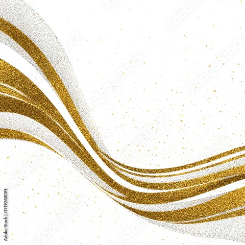 Abstract wavy gold and white ribbons on white background with gold glitter