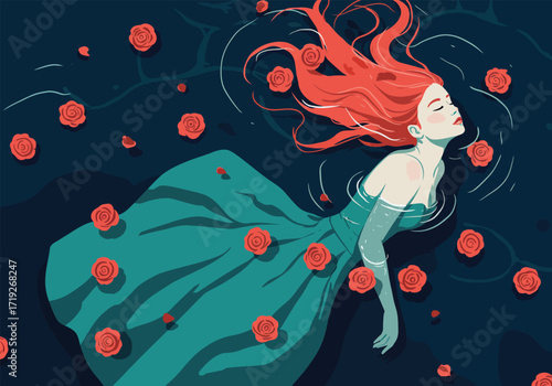 An artistic depiction of a woman with vibrant red hair, gracefully floating amidst a scattering of red roses in a dark blue expanse, creating a surreal and captivating scene