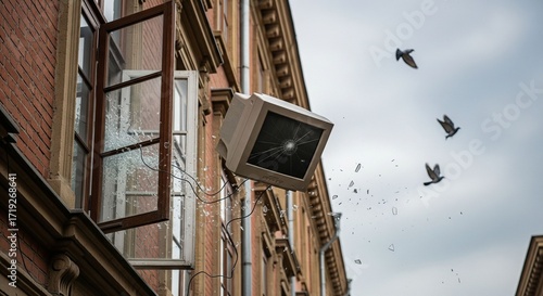 A dramatic moment as a vintage computer monitor shatters while being thrown out of an old building's window