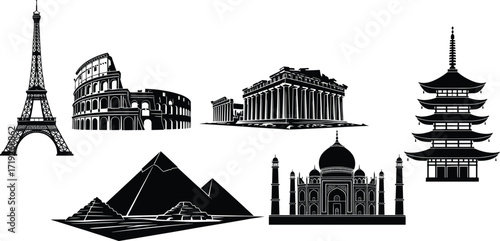 Landmark silhouette collection, black vector world monuments, editable architecture clipart, isolated global icons, Eiffel Tower, Colosseum, Parthenon, pagoda, pyramids