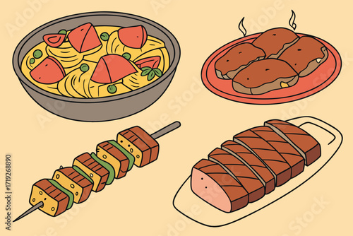 A colorful vector illustration shows a set of breakfast and fast food icons with meat, bread, and desserts