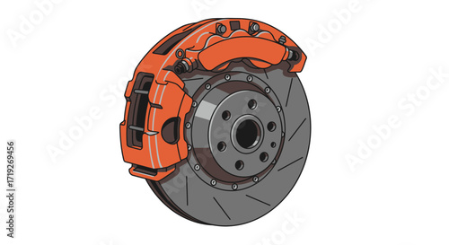Detailed Illustration of an Orange Performance Disc Brake Caliper and Rotor Assembly