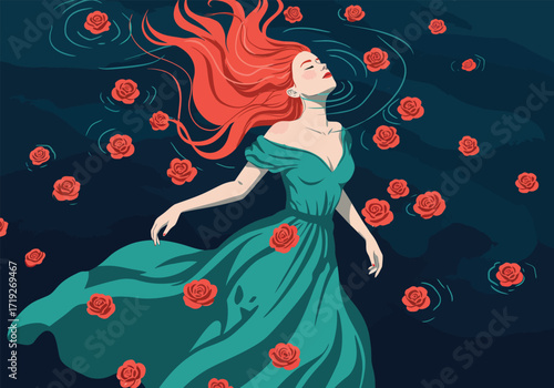 An artistic depiction of a woman with vibrant red hair, gracefully floating amidst a scattering of red roses in a dark blue expanse, creating a surreal and captivating scene