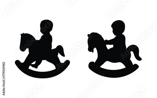 Two black silhouettes of children riding rocking horses on a white background surface view
