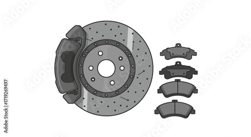Gray Car Brake Disc with Caliper and Brake Pads Illustration