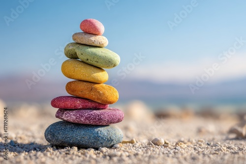 A vibrant stack of colorful, smooth stones rests precariously balanced on a sandy beach against a bright blue sky and hazy mountains