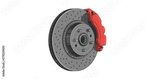 Perforated Disc Brake Rotor with Red Caliper: Automotive Illustration