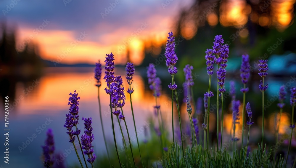 Naklejka premium Lavender blooms at sunset over a lake (2)