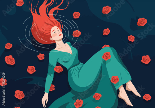 An artistic depiction of a woman with vibrant red hair, gracefully floating amidst a scattering of red roses in a dark blue expanse, creating a surreal and captivating scene