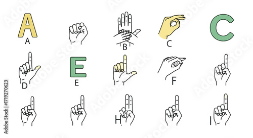 American Sign Language alphabet illustration showing hand gestures for communication.