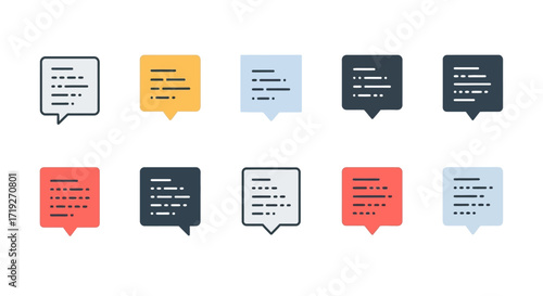 Collection of colorful speech bubble and comment box icons.