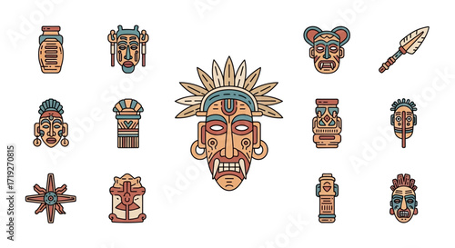 Collection of Colorful Tribal Masks and Indigenous Artifacts.
