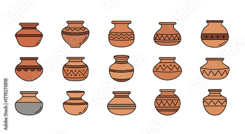 Collection of Decorative Clay Pots with Various Patterns and Designs.