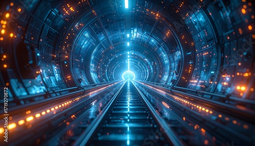 Futuristic tunnel with glowing rails leading to bright light