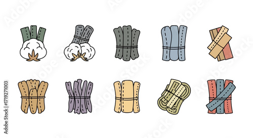 Collection of hand drawn doodle icons depicting various tied bundles of natural materials.