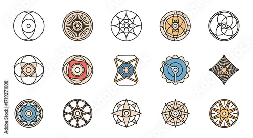 Collection of intricate geometric symbols and abstract spiritual mandalas.