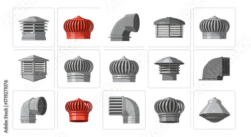 Collection of Roof Ventilation Components and Chimney Caps.